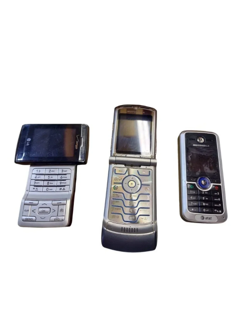 Lot Of 3 Vintage Flip & Slide Phones Motorola RAZR V3 LG VX9400